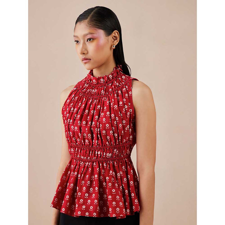 CHANDRIMA Red Block Print Ruched Top