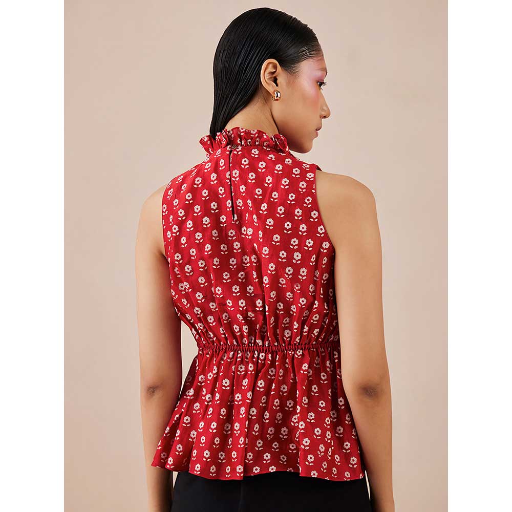 CHANDRIMA Red Block Print Ruched Top