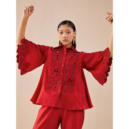 CHANDRIMA Red Poppy Applique Shirt