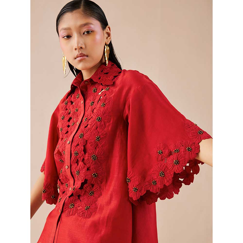 CHANDRIMA Red Poppy Applique Shirt