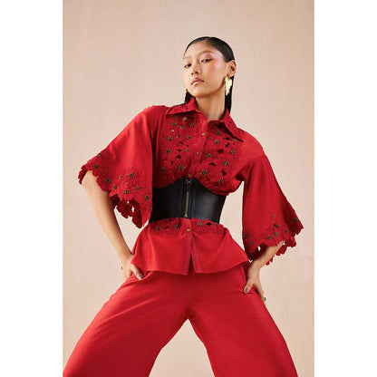 CHANDRIMA Red Poppy Applique Shirt