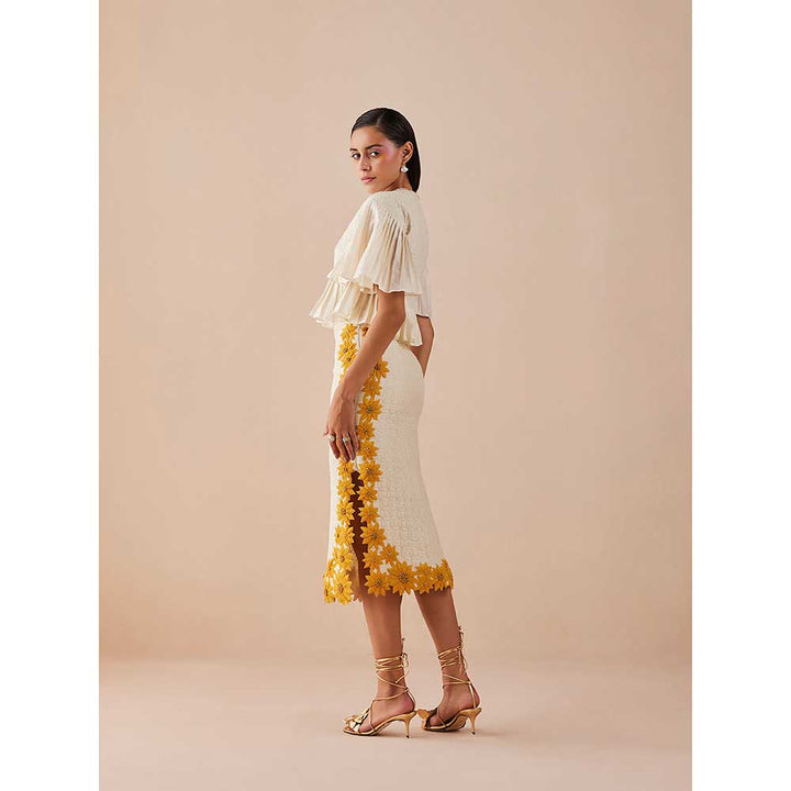CHANDRIMA Ivory Quilted Sunflower Midi Skirt