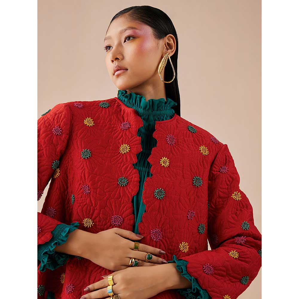 CHANDRIMA Rust Quilted And Beadwork Jacket