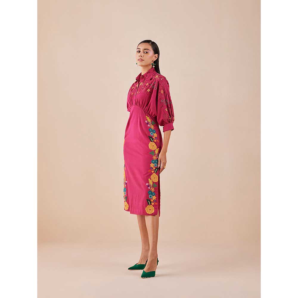 CHANDRIMA Fuchsia Applique And Beadwork Kimono Dress