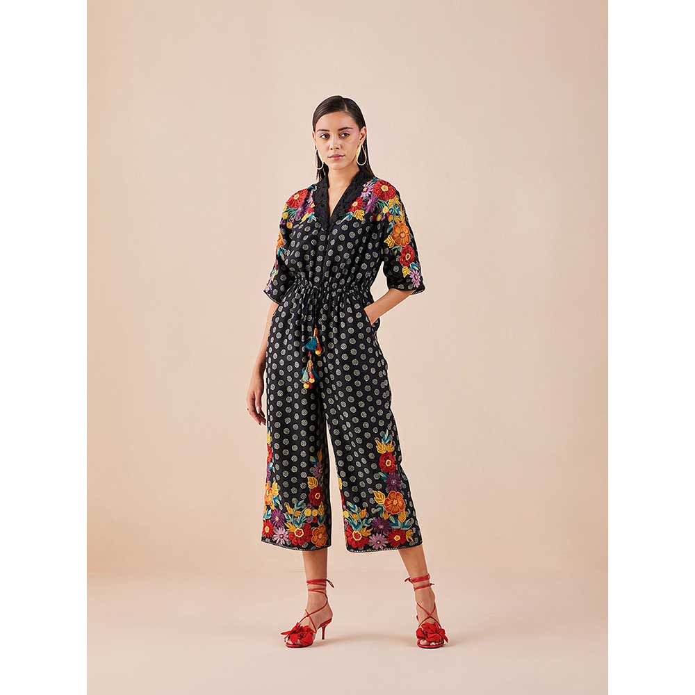 CHANDRIMA Black Printed Embroidered Jumpsuit