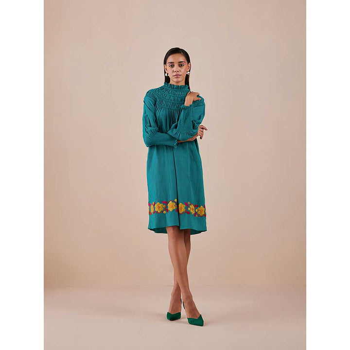 CHANDRIMA Green Applique And Ruched Dress