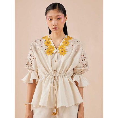 CHANDRIMA Ivory Sunflower Kimono Shirt
