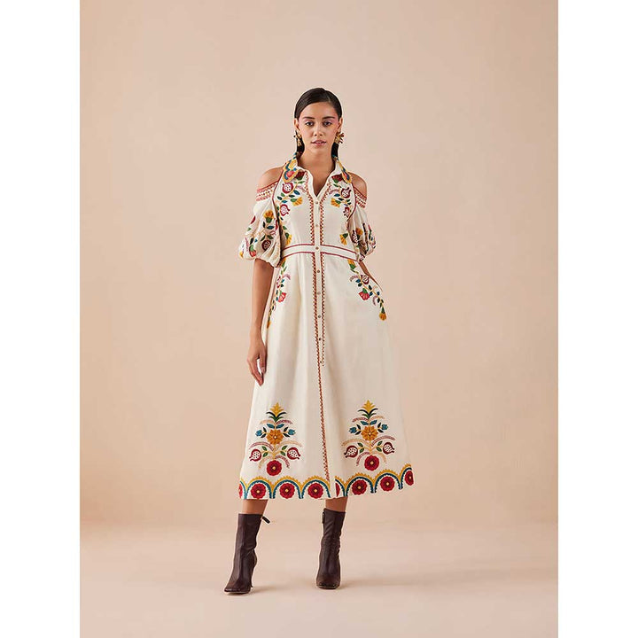 CHANDRIMA Ivory Applique Cold Shoulder Midi Dress