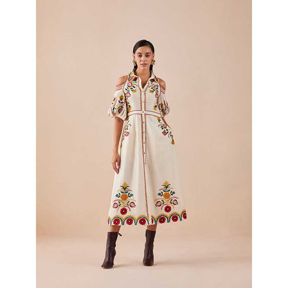 CHANDRIMA Ivory Applique Cold Shoulder Midi Dress