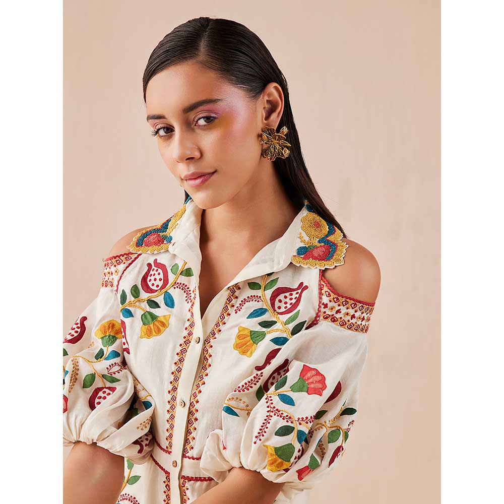 CHANDRIMA Ivory Applique Cold Shoulder Midi Dress