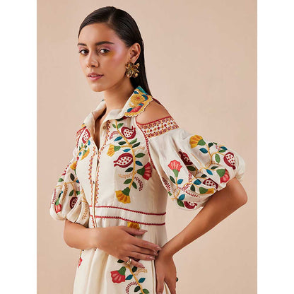 CHANDRIMA Ivory Applique Cold Shoulder Midi Dress