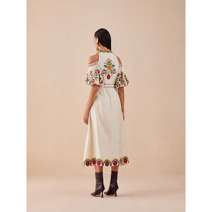 CHANDRIMA Ivory Applique Cold Shoulder Midi Dress