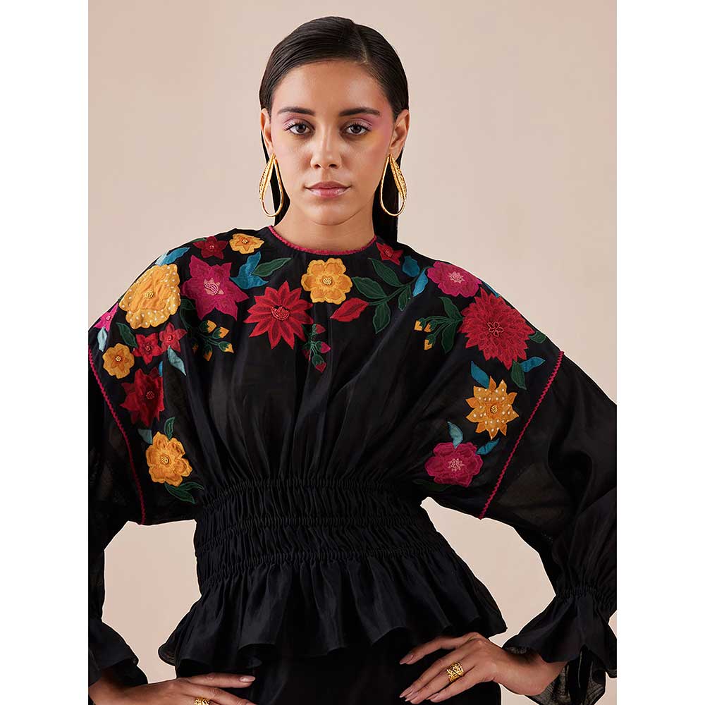 CHANDRIMA Black Waist Ruched Applique Top