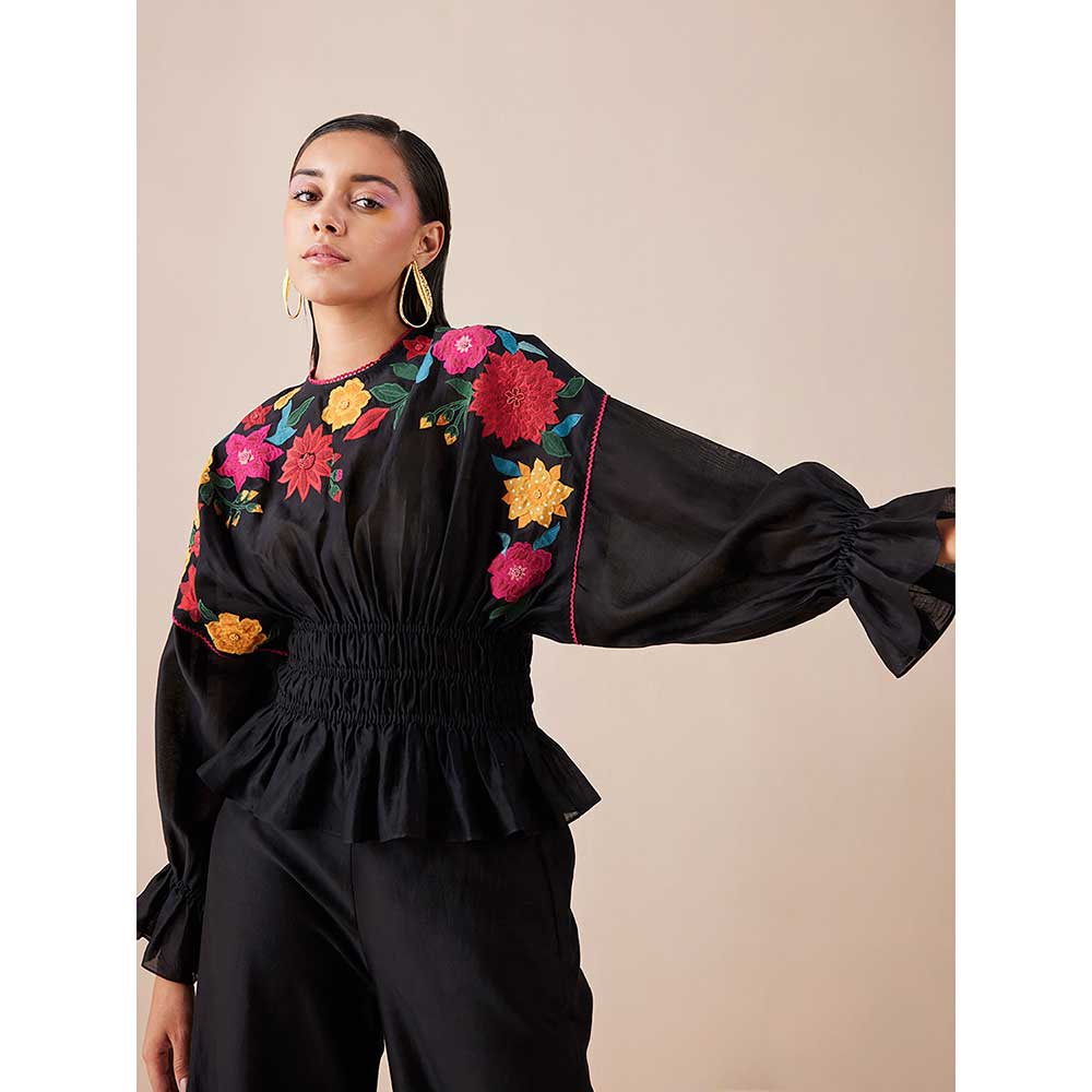 CHANDRIMA Black Waist Ruched Applique Top