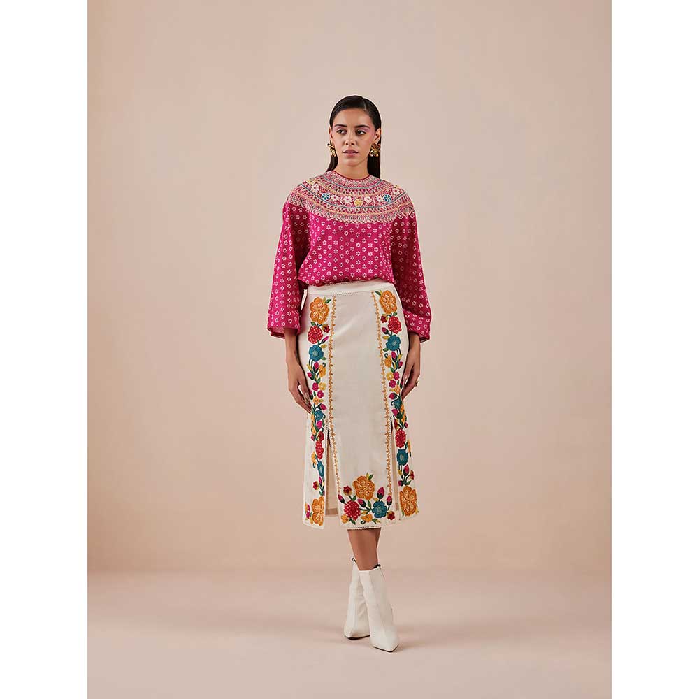 CHANDRIMA Ivory Applique & Beadwork Slit Detail Skirt