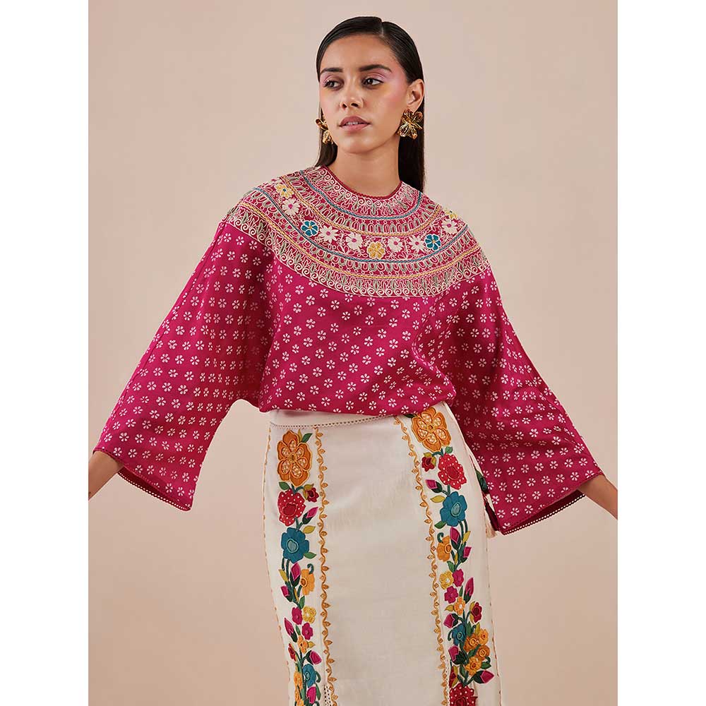 CHANDRIMA Fuchsia Yoke Detail Printed Top