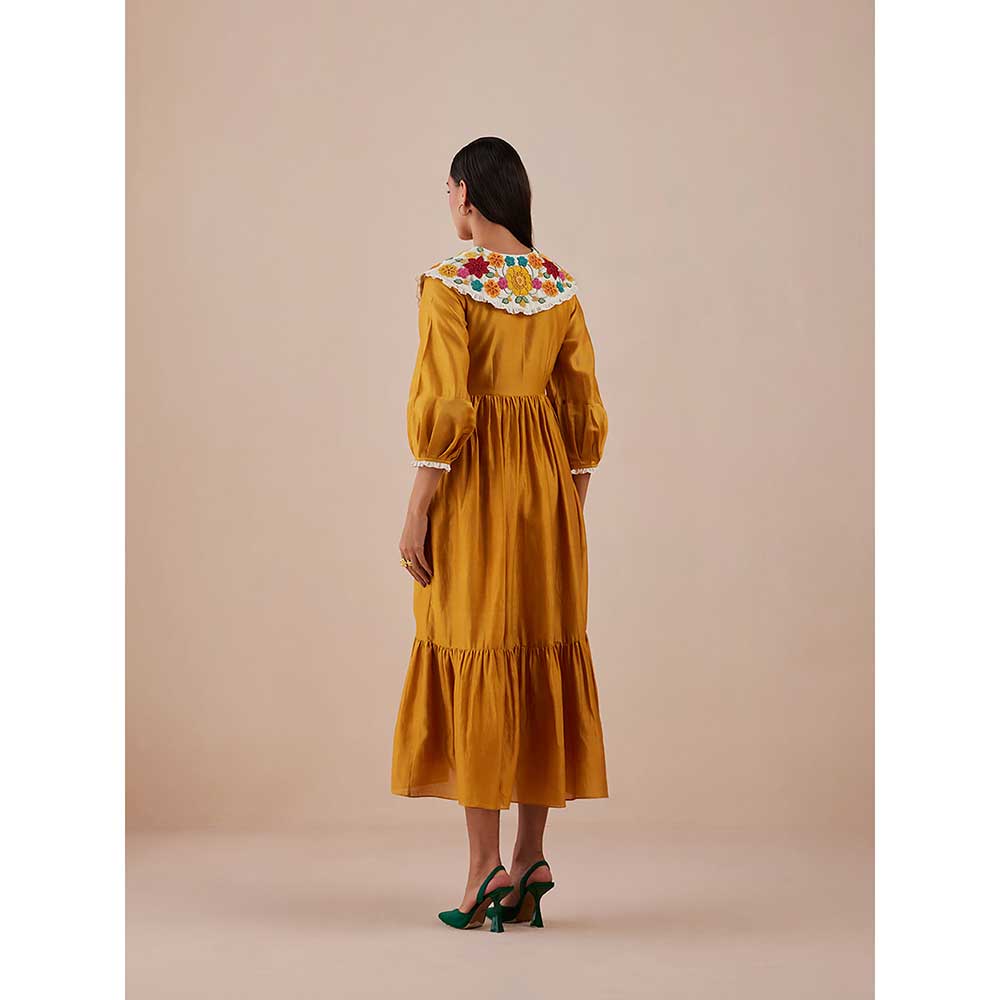 CHANDRIMA Yellow Applique Midi Dress