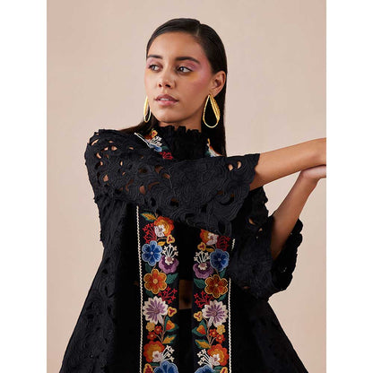 CHANDRIMA Black Collar Detail Cutwork Jacket