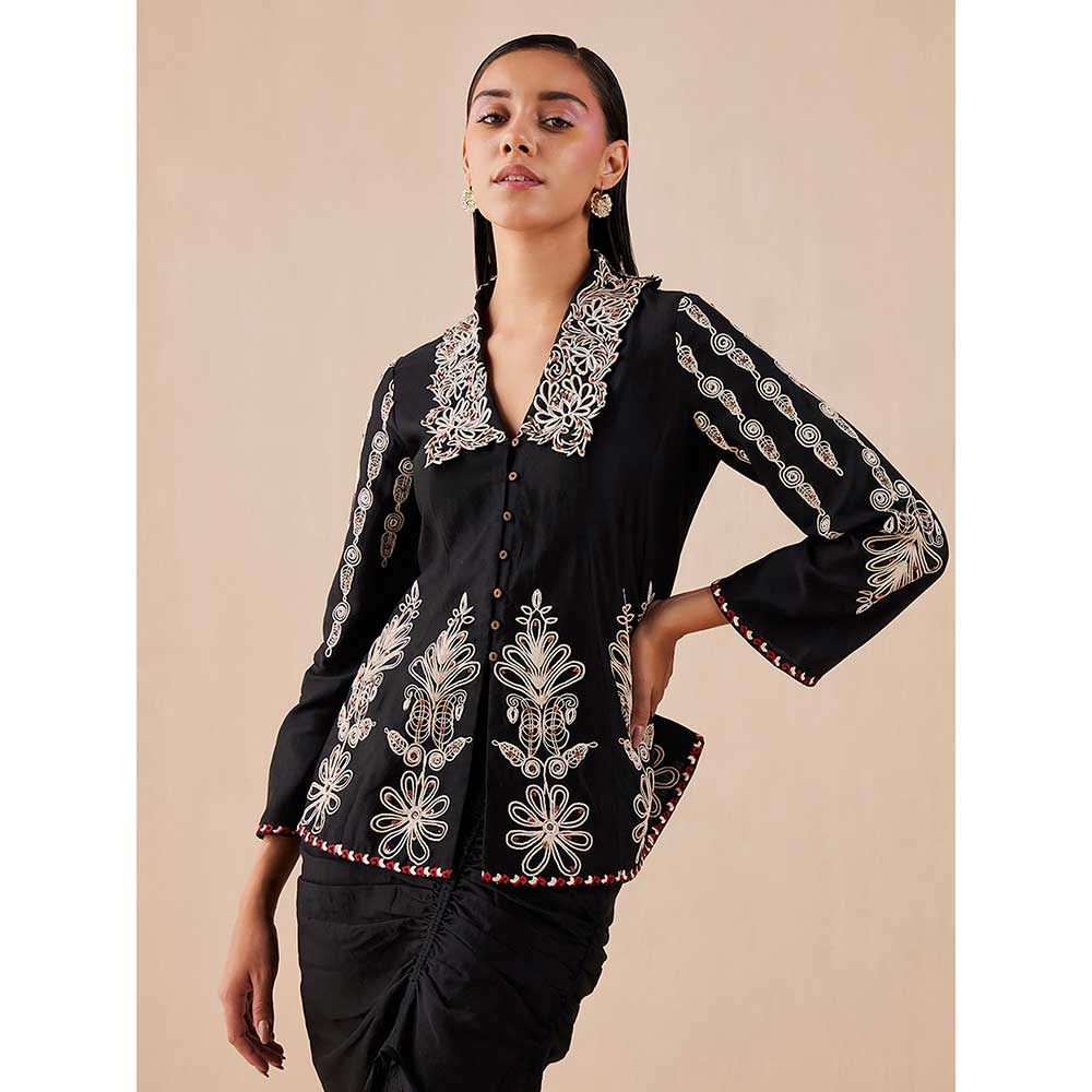 CHANDRIMA Black Contrast Cord Work Flared Jacket