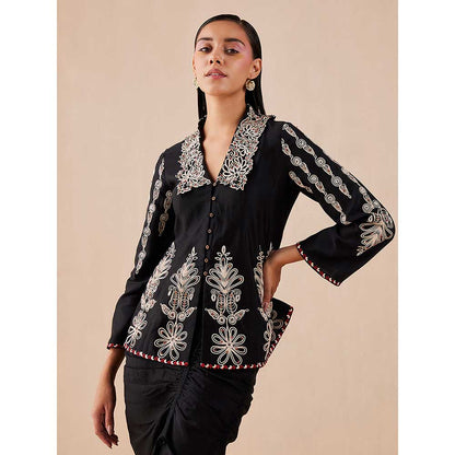 CHANDRIMA Black Contrast Cord Work Flared Jacket