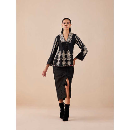 CHANDRIMA Black Contrast Cord Work Flared Jacket