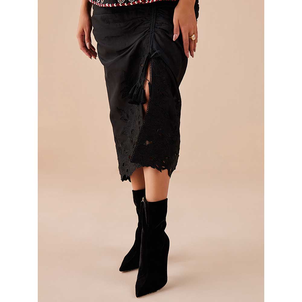 CHANDRIMA Black Cutwork Drape Skirt