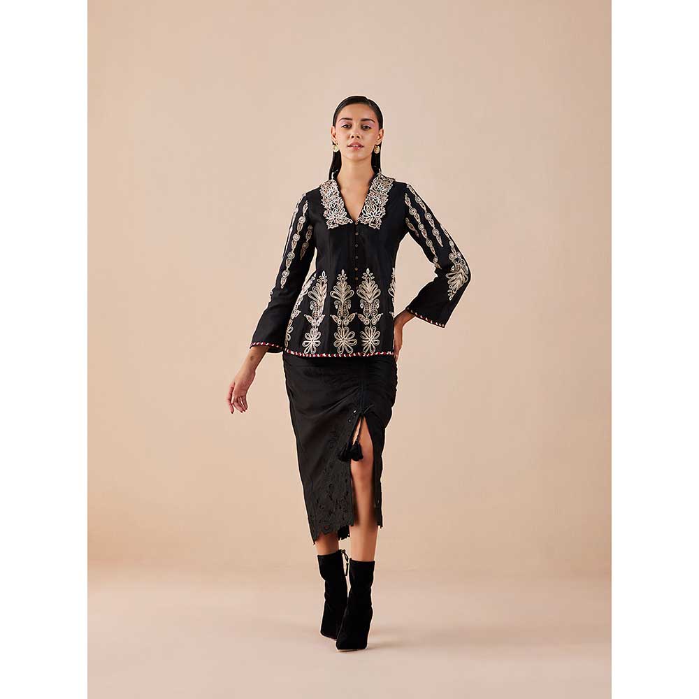 CHANDRIMA Black Cutwork Drape Skirt