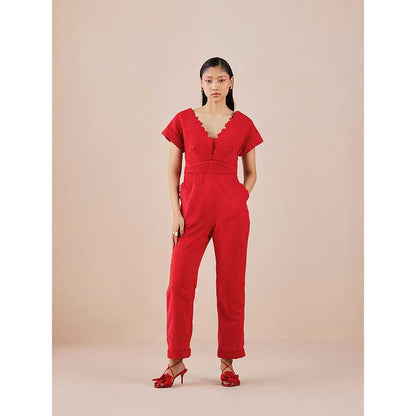 CHANDRIMA Red Quilted Jumpsuit