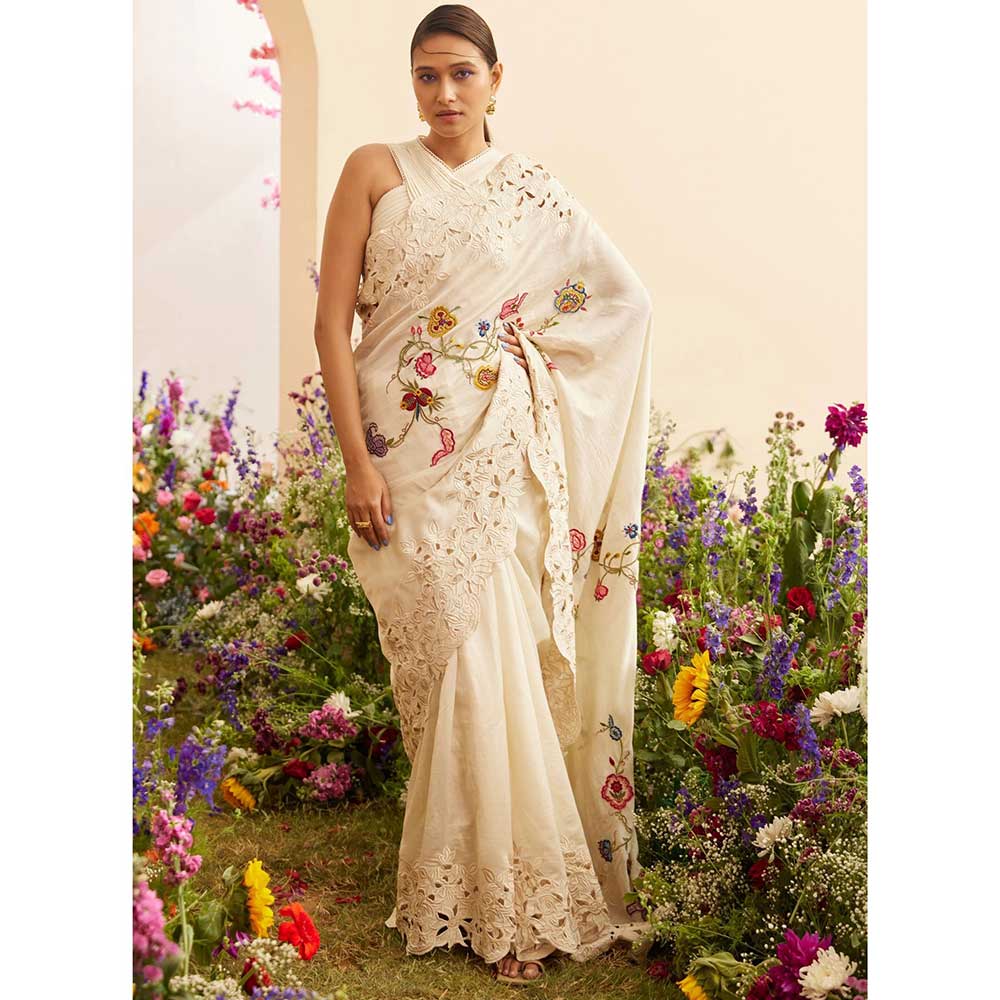 CHANDRIMA Ivory Embroidered & Cutwork Saree with Unstitched Blouse