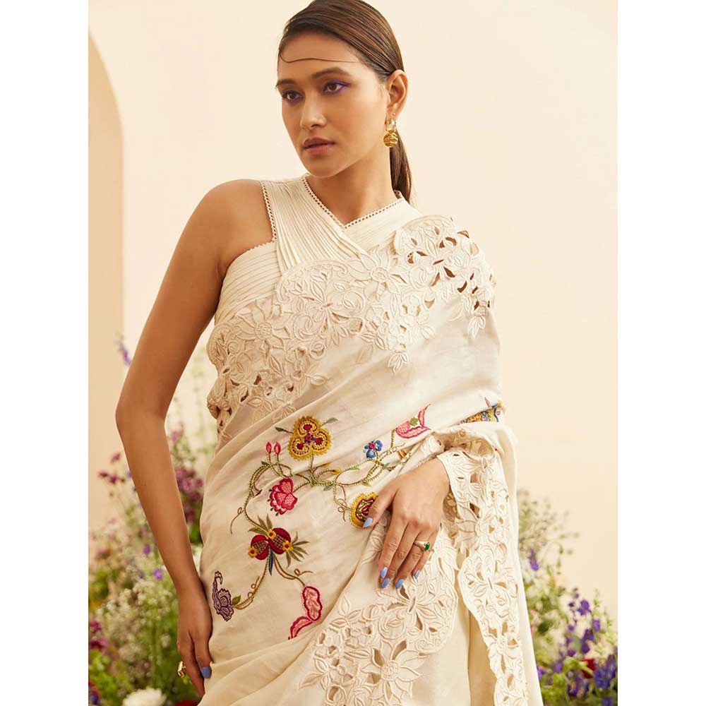 CHANDRIMA Ivory Embroidered & Cutwork Saree with Unstitched Blouse
