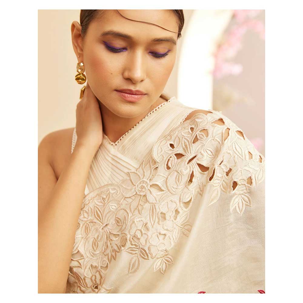 CHANDRIMA Ivory Embroidered & Cutwork Saree with Unstitched Blouse