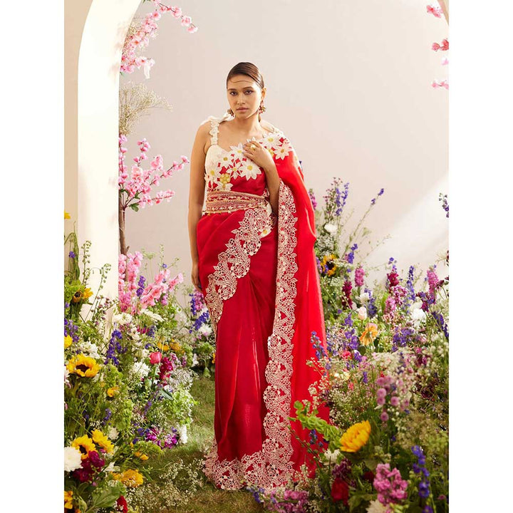 CHANDRIMA Red Organza Applique Saree with Unstitched Blouse