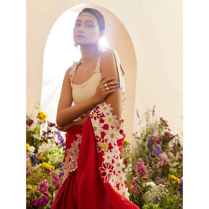 CHANDRIMA Red Organza Applique Saree with Unstitched Blouse