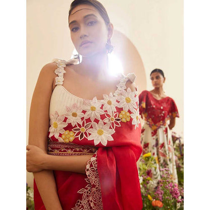 CHANDRIMA Red Organza Applique Saree with Unstitched Blouse