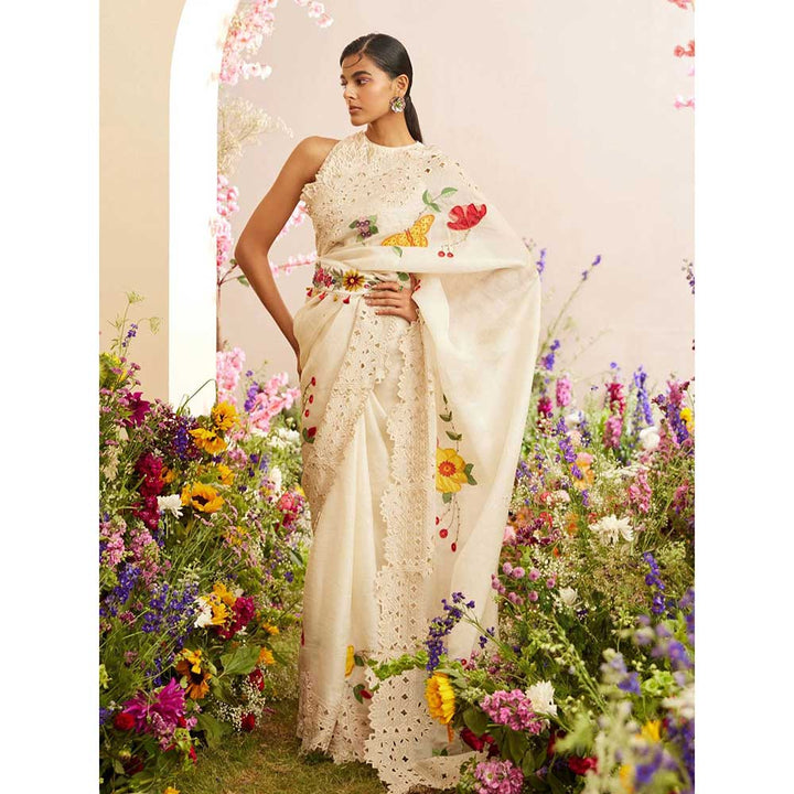 CHANDRIMA Ivory Applique & Cutwork Saree with Unstitched Blouse