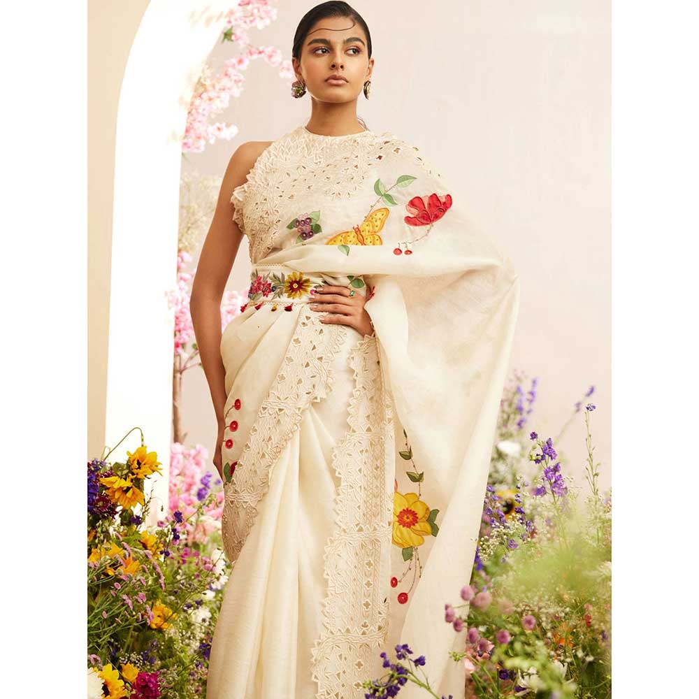 CHANDRIMA Ivory Applique & Cutwork Saree with Unstitched Blouse