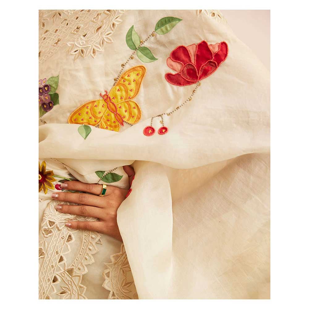 CHANDRIMA Ivory Applique & Cutwork Saree with Unstitched Blouse