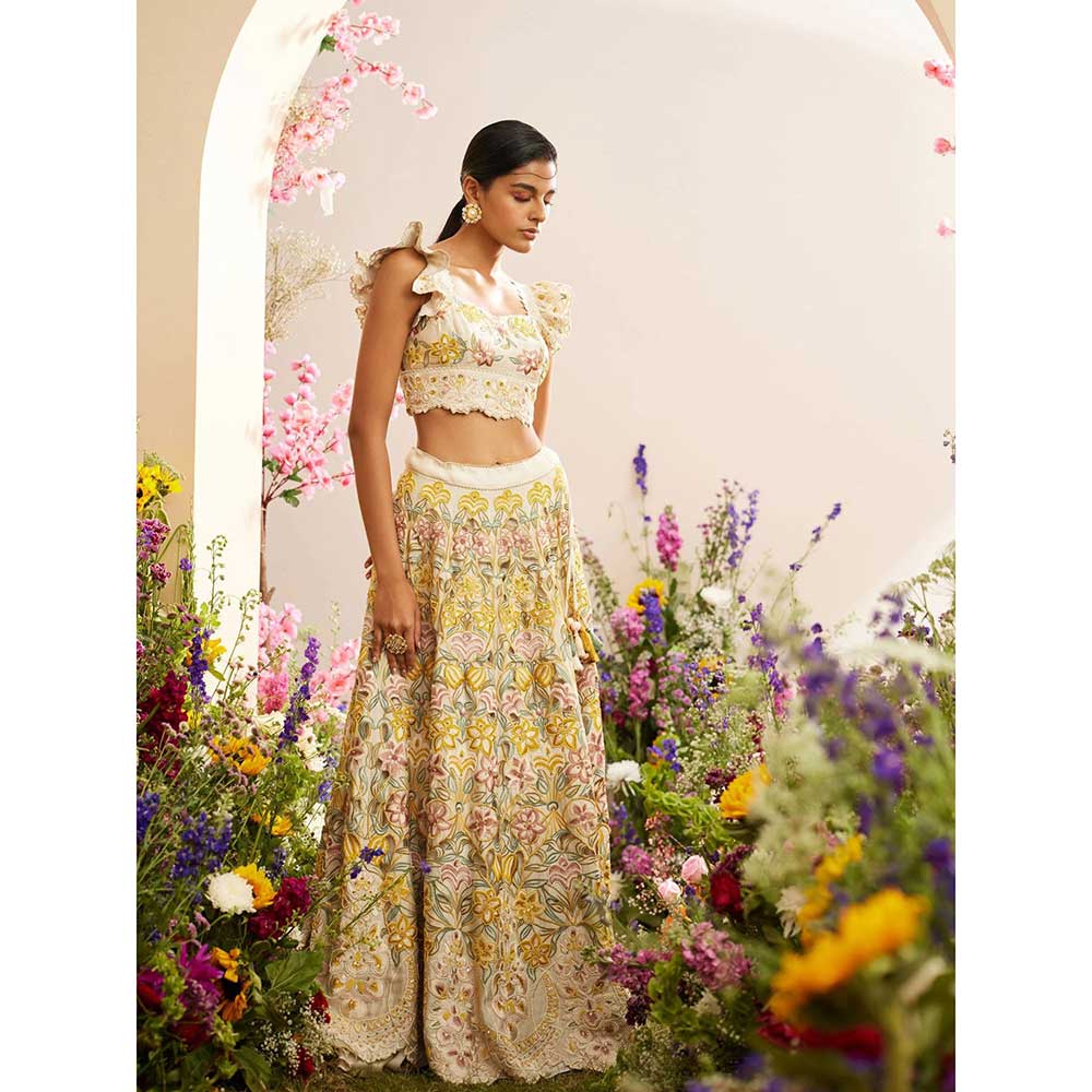 CHANDRIMA Ivory Multi Pastel Cutwork Lehenga