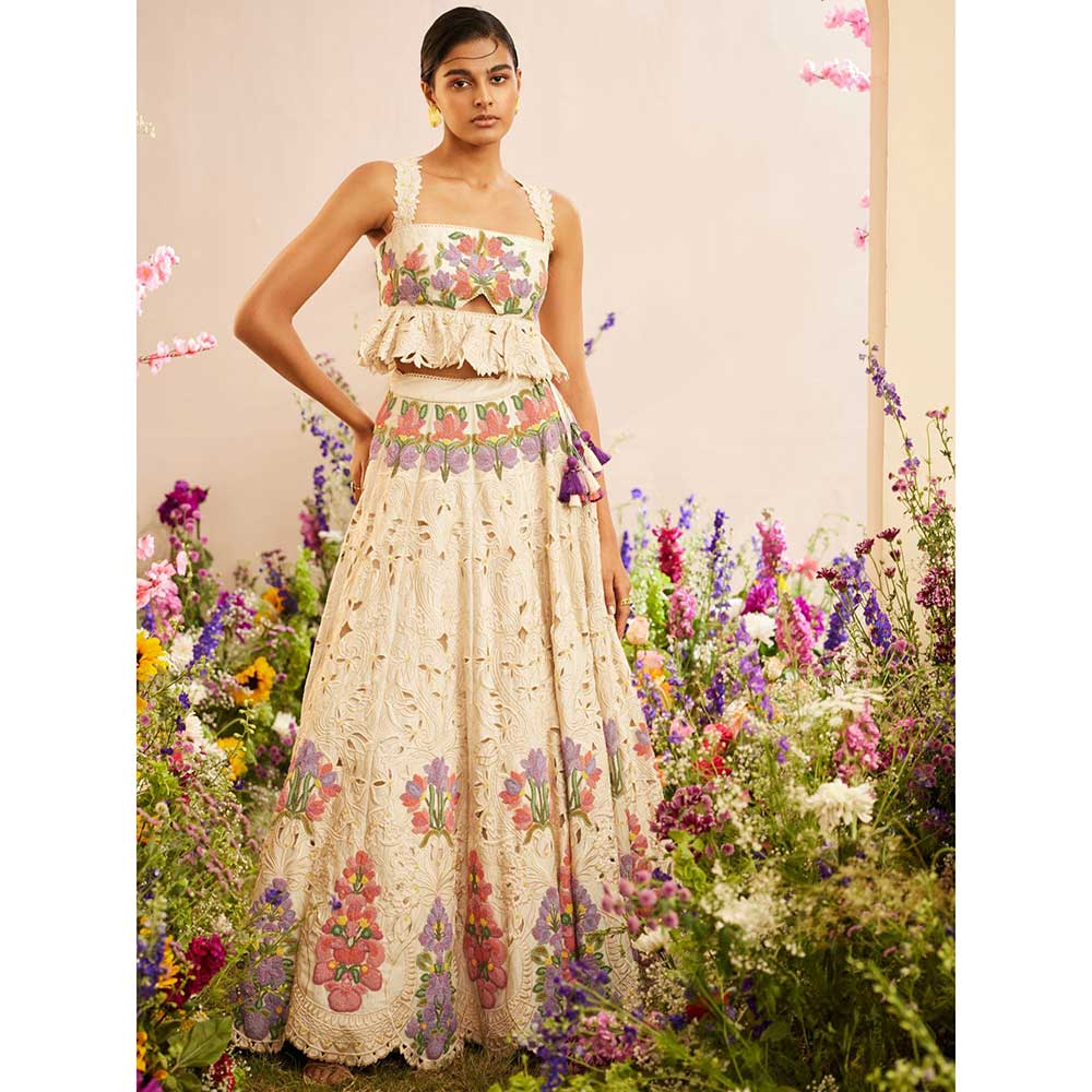 CHANDRIMA Ivory Floral Beadwork Crop Top