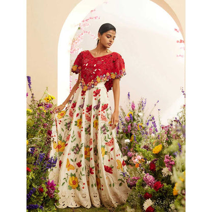 CHANDRIMA Ivory Chanderi Floral Applique Lehenga