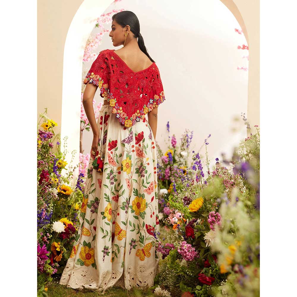 CHANDRIMA Ivory Chanderi Floral Applique Lehenga
