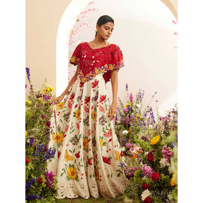 CHANDRIMA Red Cutwork & Beadwork Crop Top