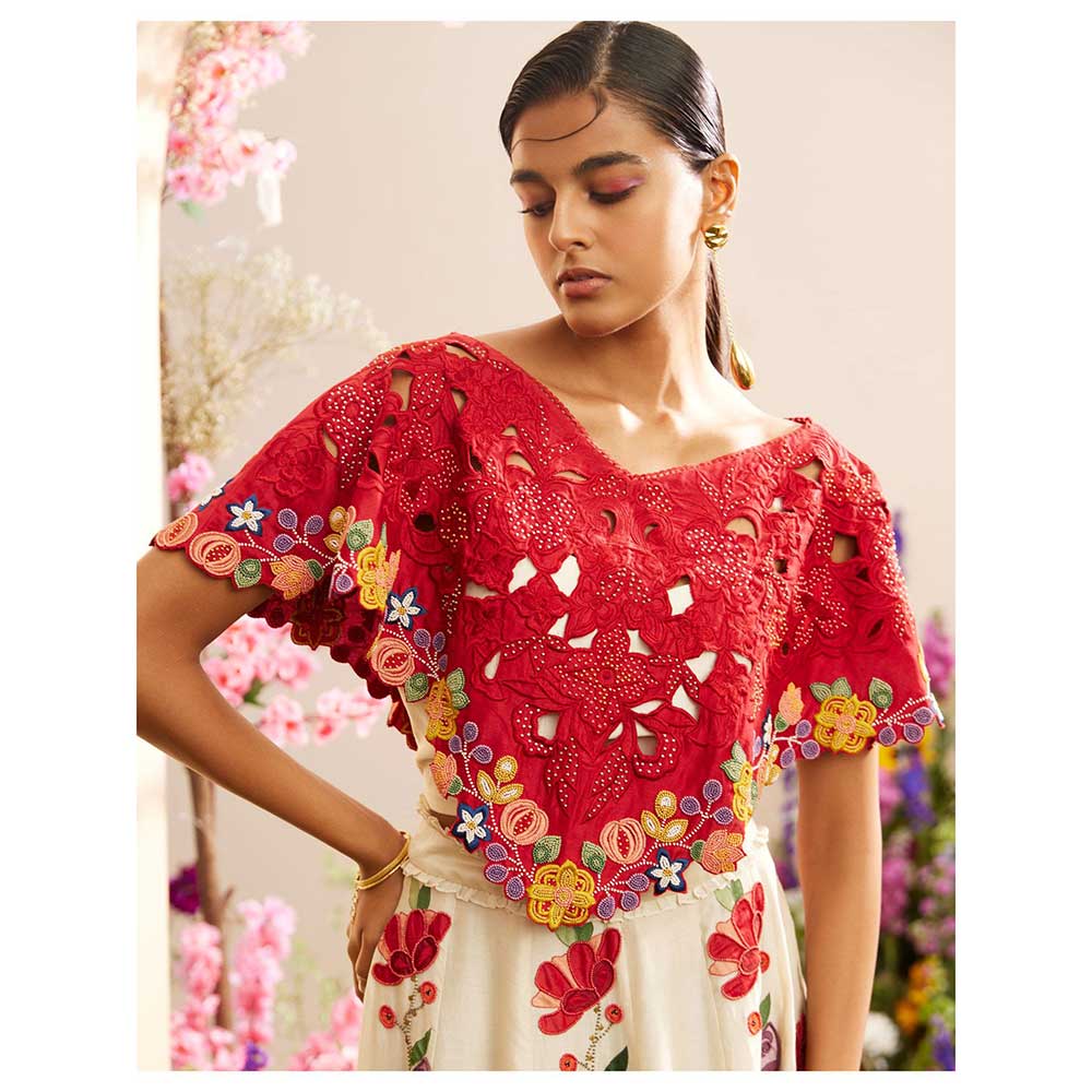 CHANDRIMA Red Cutwork & Beadwork Crop Top