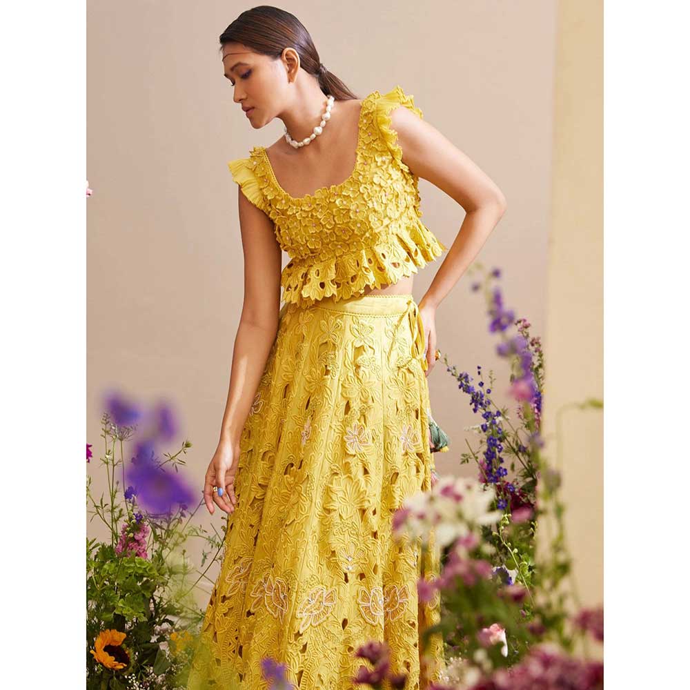 CHANDRIMA Yellow Tonal Cutwork Lehenga
