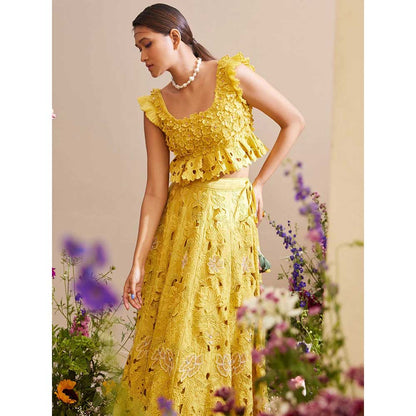 CHANDRIMA Yellow Tonal Cutwork Lehenga