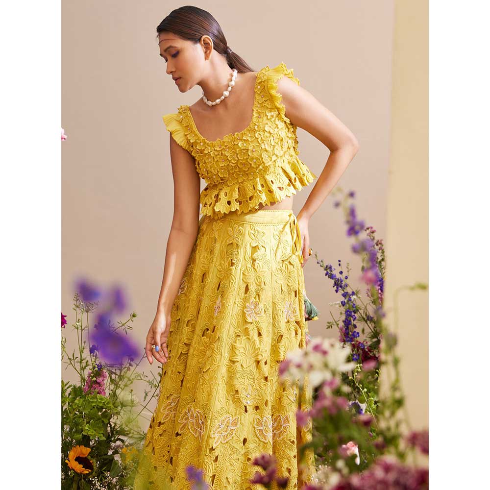 CHANDRIMA Yellow Floral Crop Top