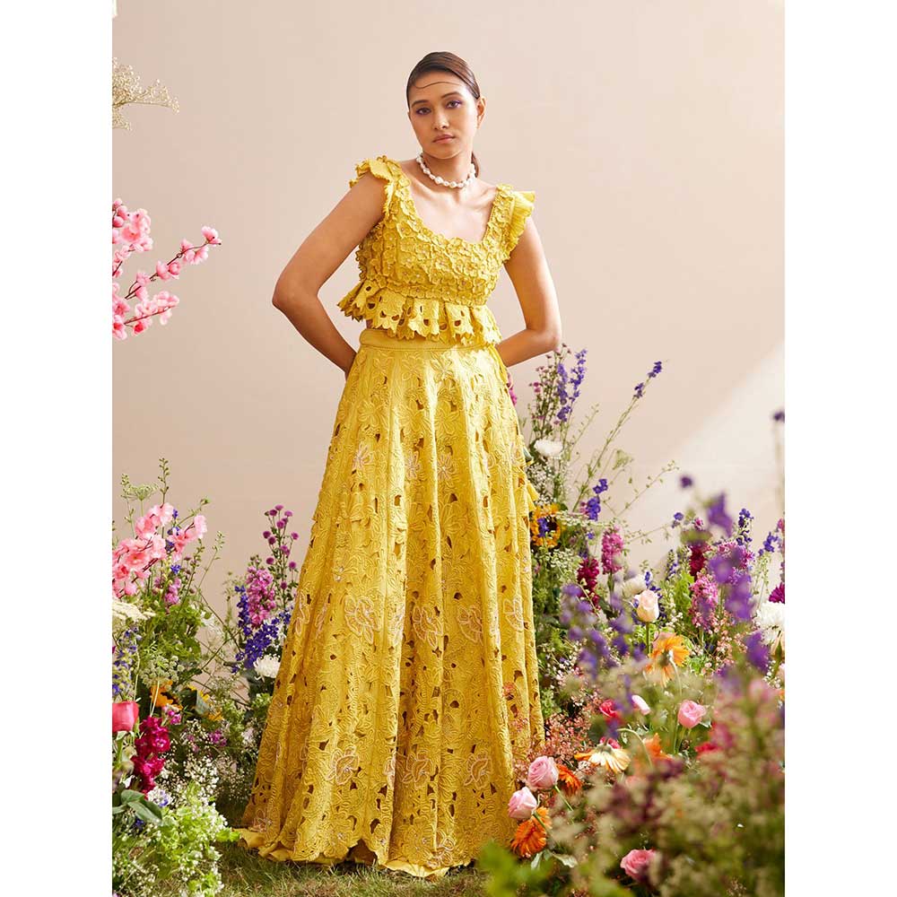 CHANDRIMA Yellow Floral Crop Top