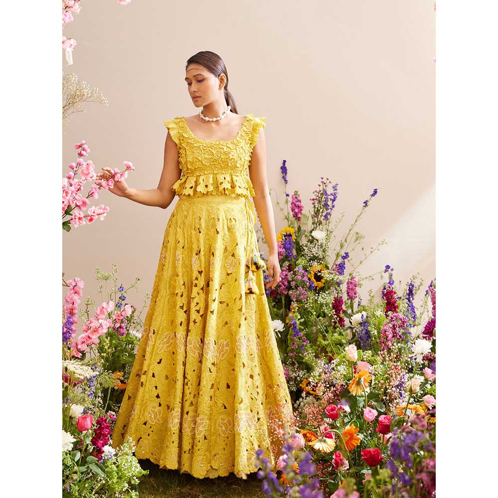 CHANDRIMA Yellow Floral Crop Top