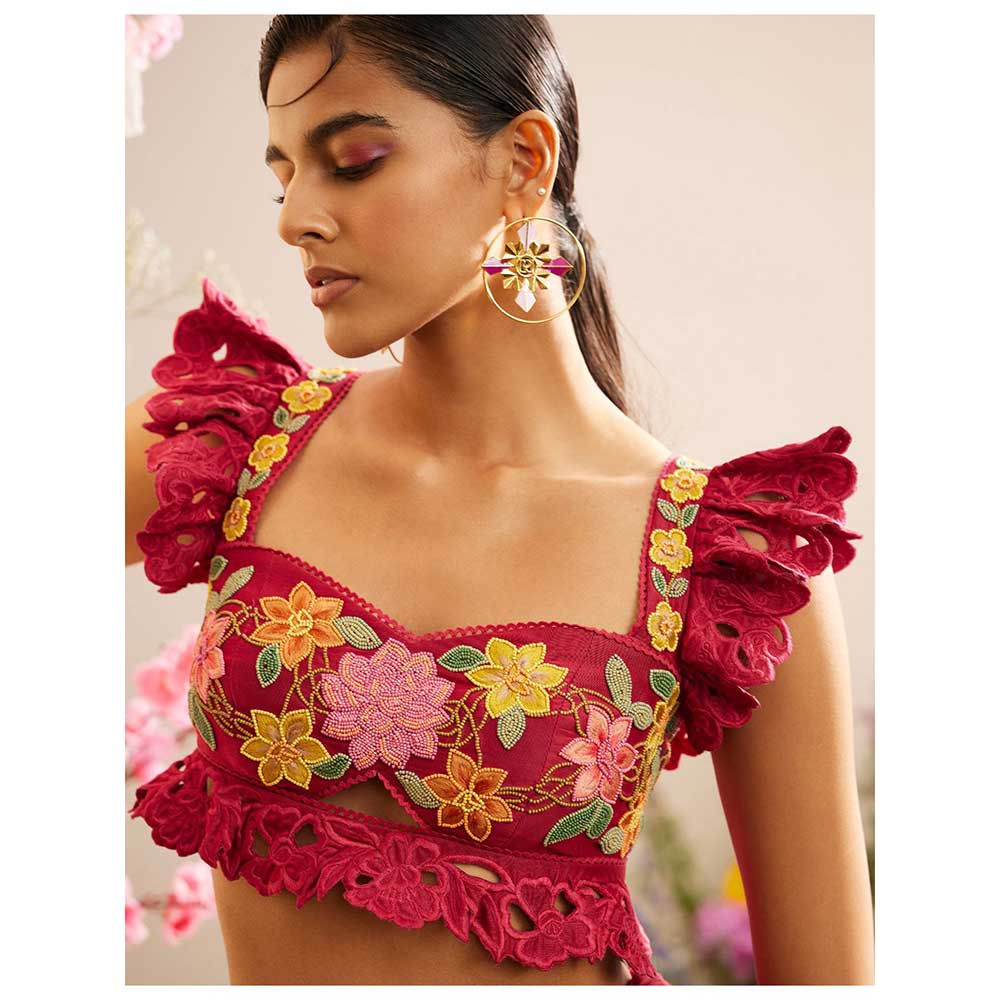 CHANDRIMA Fuchsia Beadwork & Cutwork Crop Top