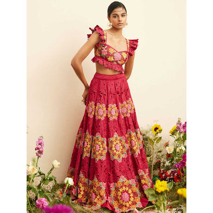 CHANDRIMA Fuchsia Beadwork & Cutwork Crop Top